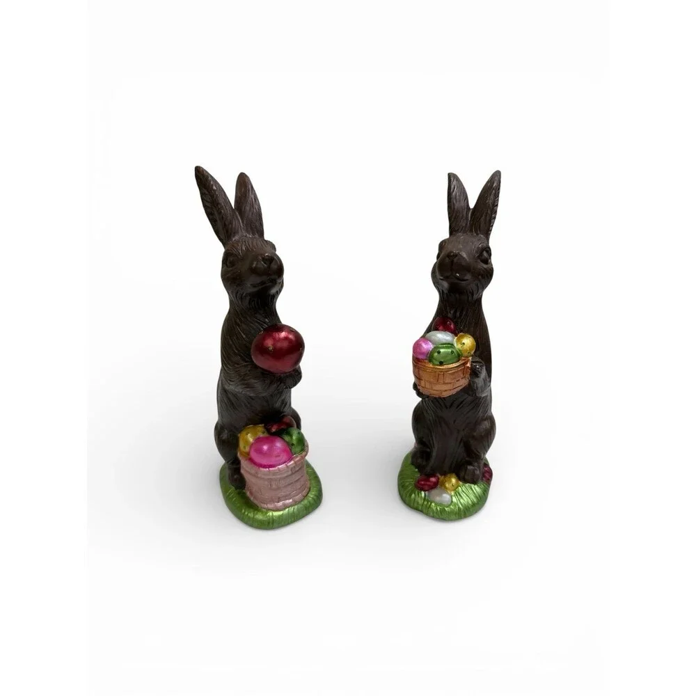 Set of 2 Easter Bunny Figurines Holding Colorful Eggs Spring Decor Rabbit Statue